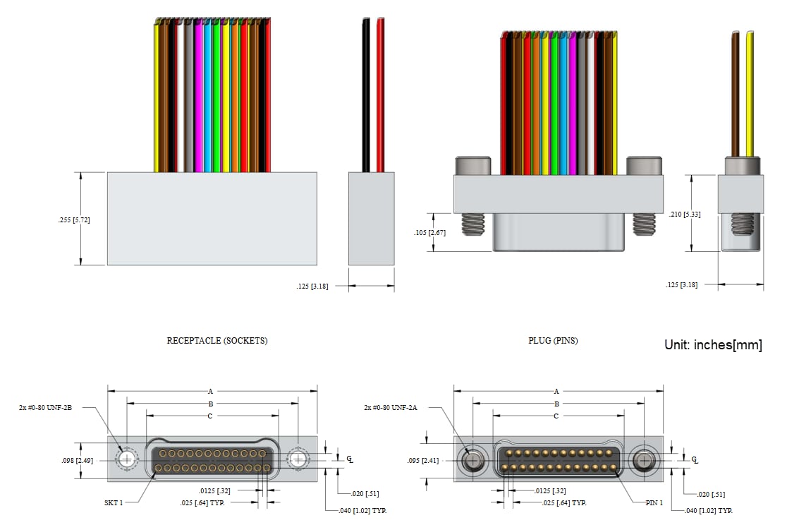 Mechanical Drawing - Ulti-Mate Connector Wired Dual Row Single Ended Metal Shell Connectors